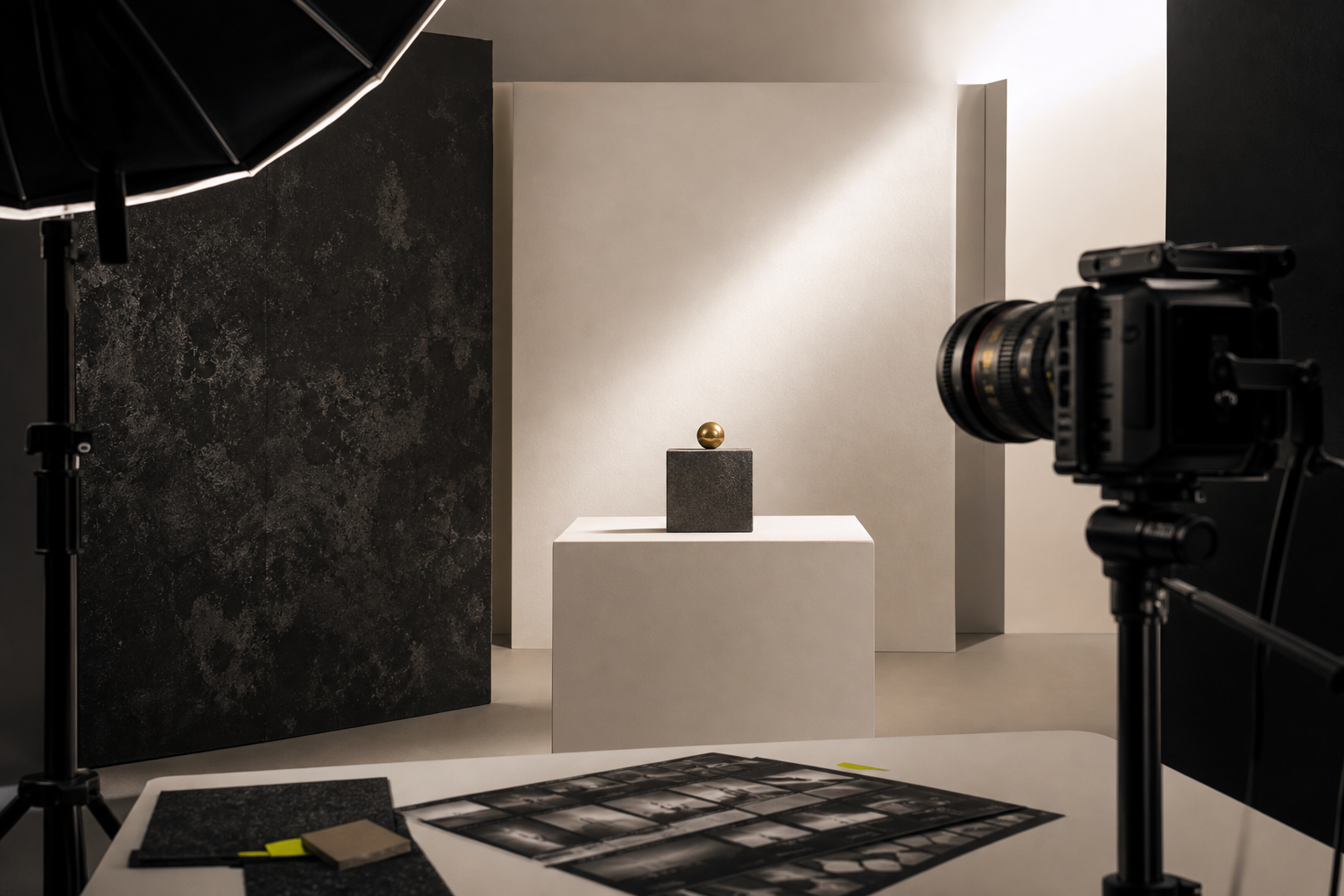 Premium editorial photography studio setup with product plinth and lighting