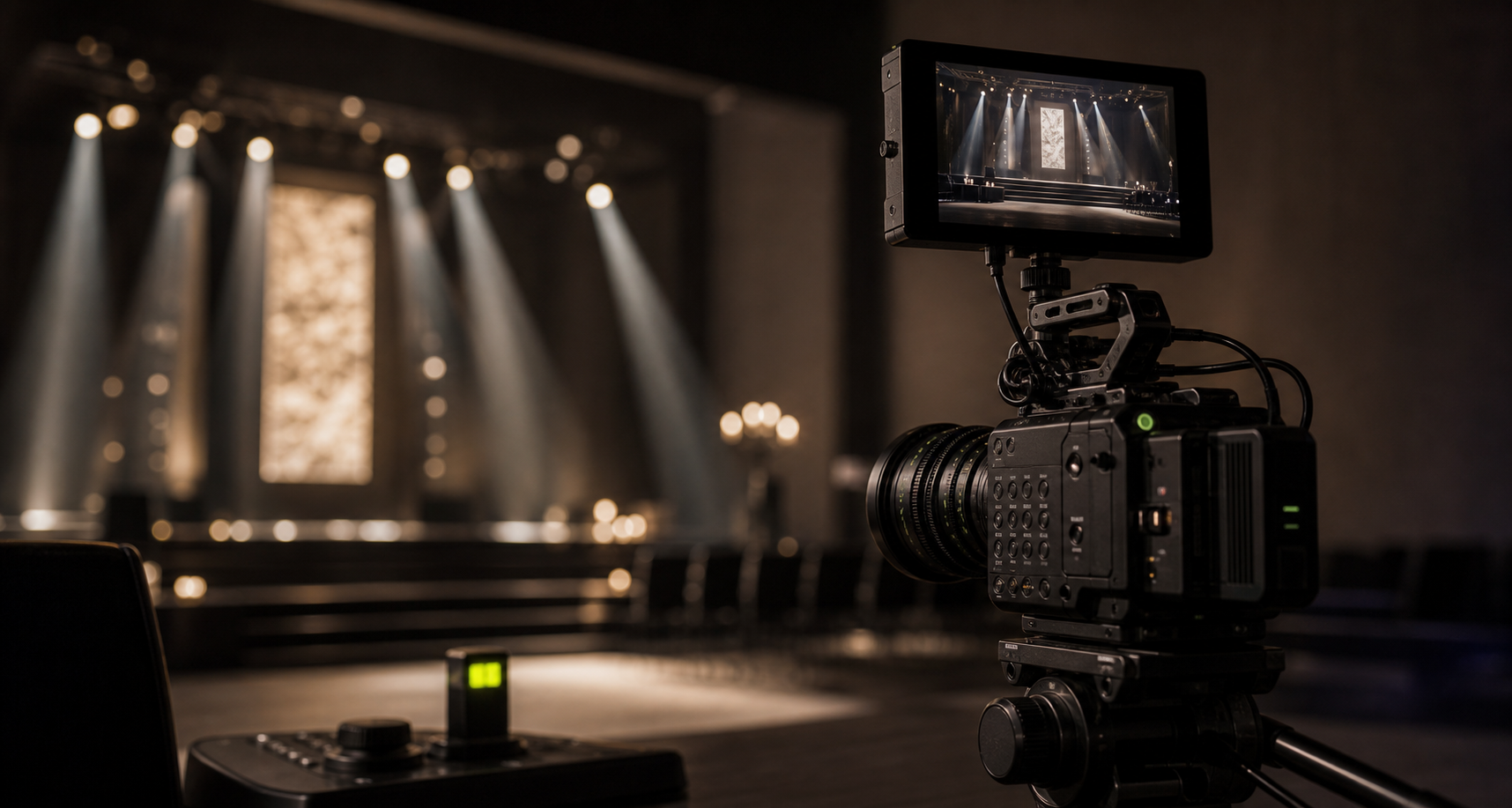 Premium event videography setup with cinema camera and stage lighting