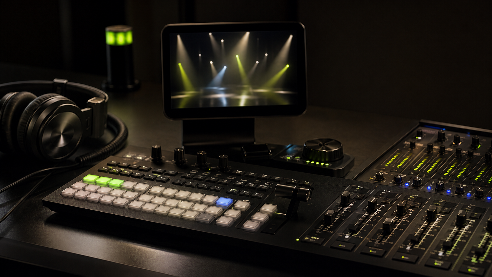 Professional live streaming control desk with switcher and monitor