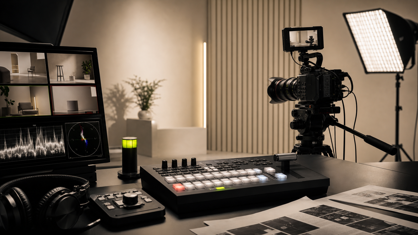 Professional live streaming suite with camera, switcher, lights, and monitor
