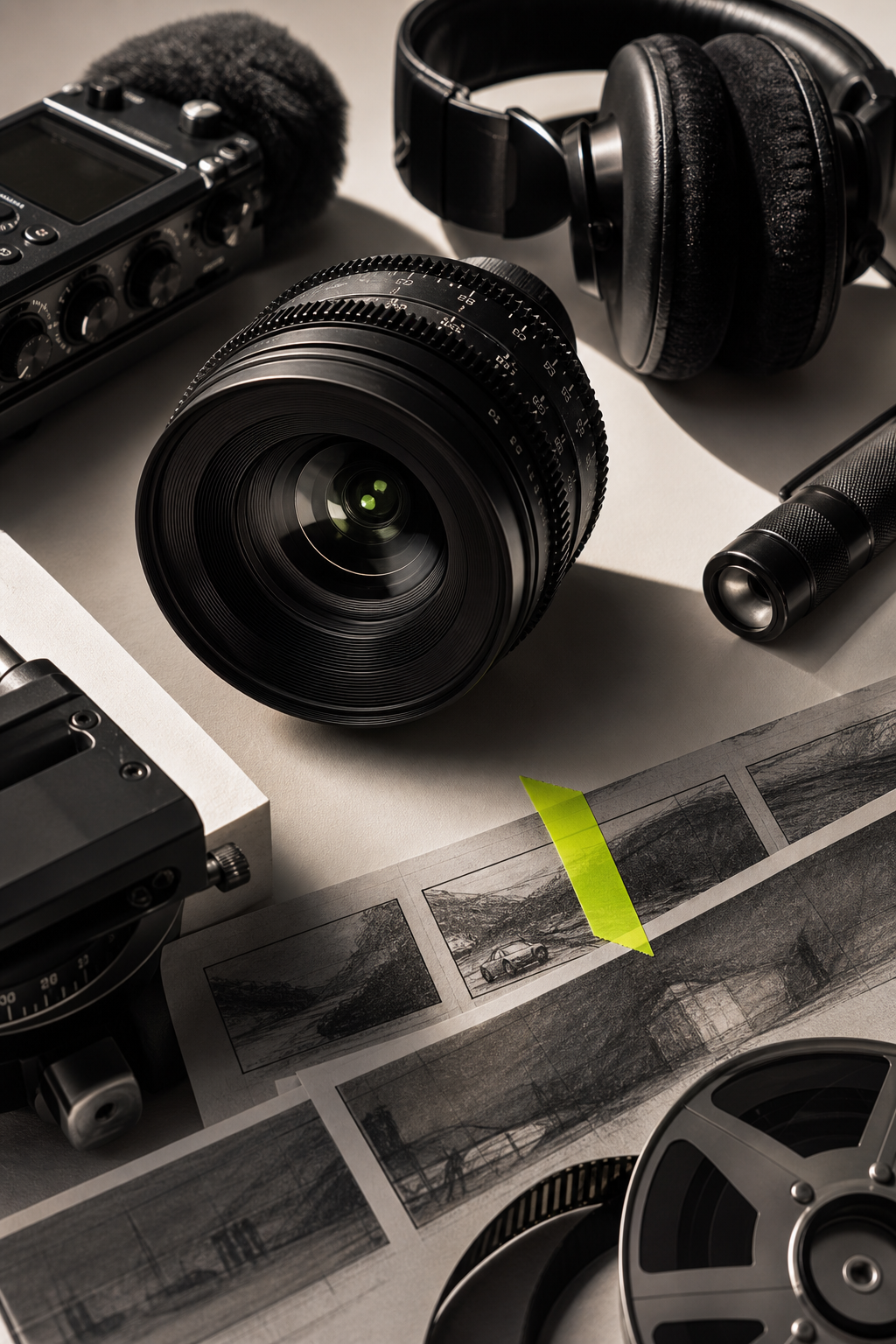 Premium photography and production tools arranged on a studio desk